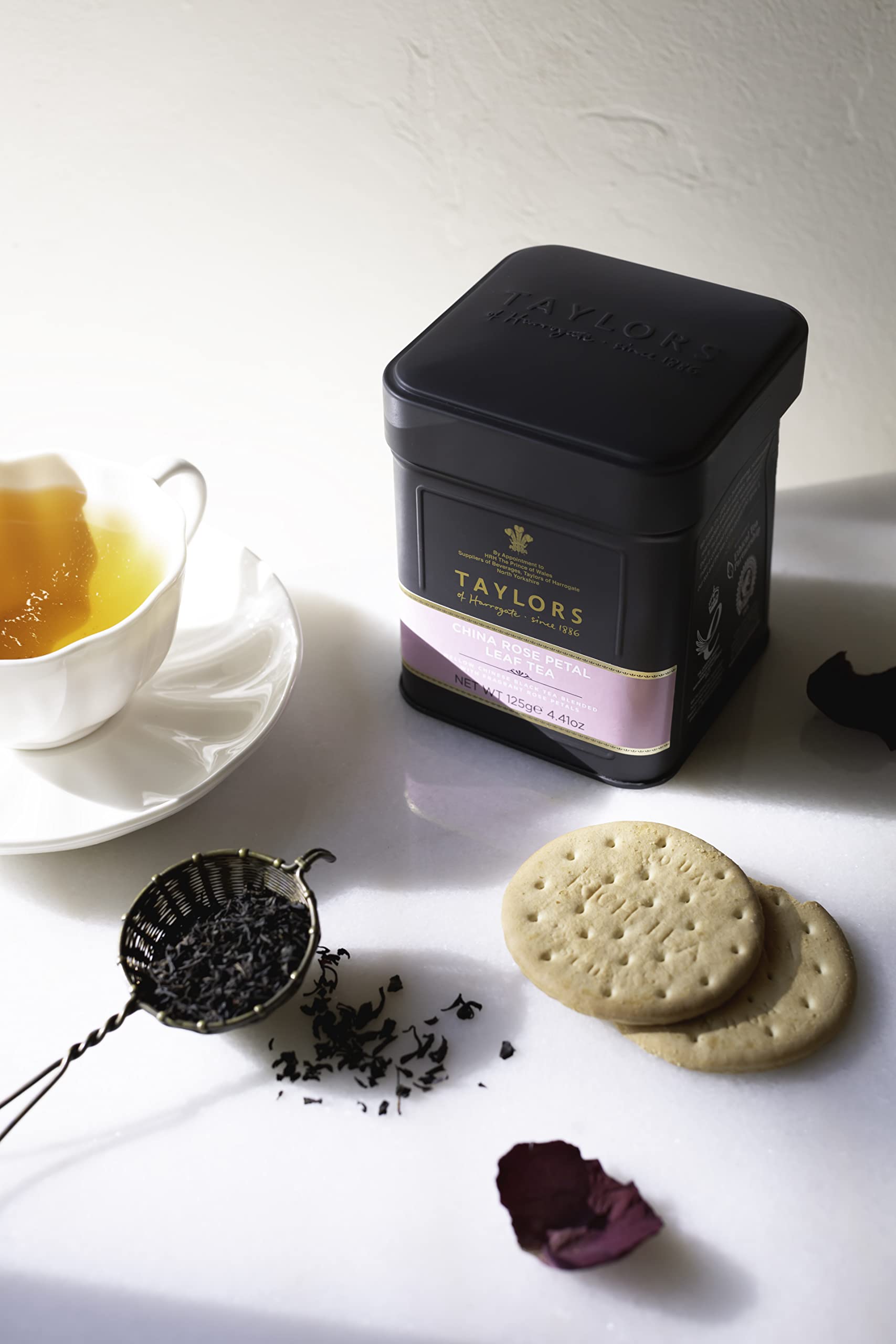 Taylors China Rose Petal tea ready for an afternoon service with cups.