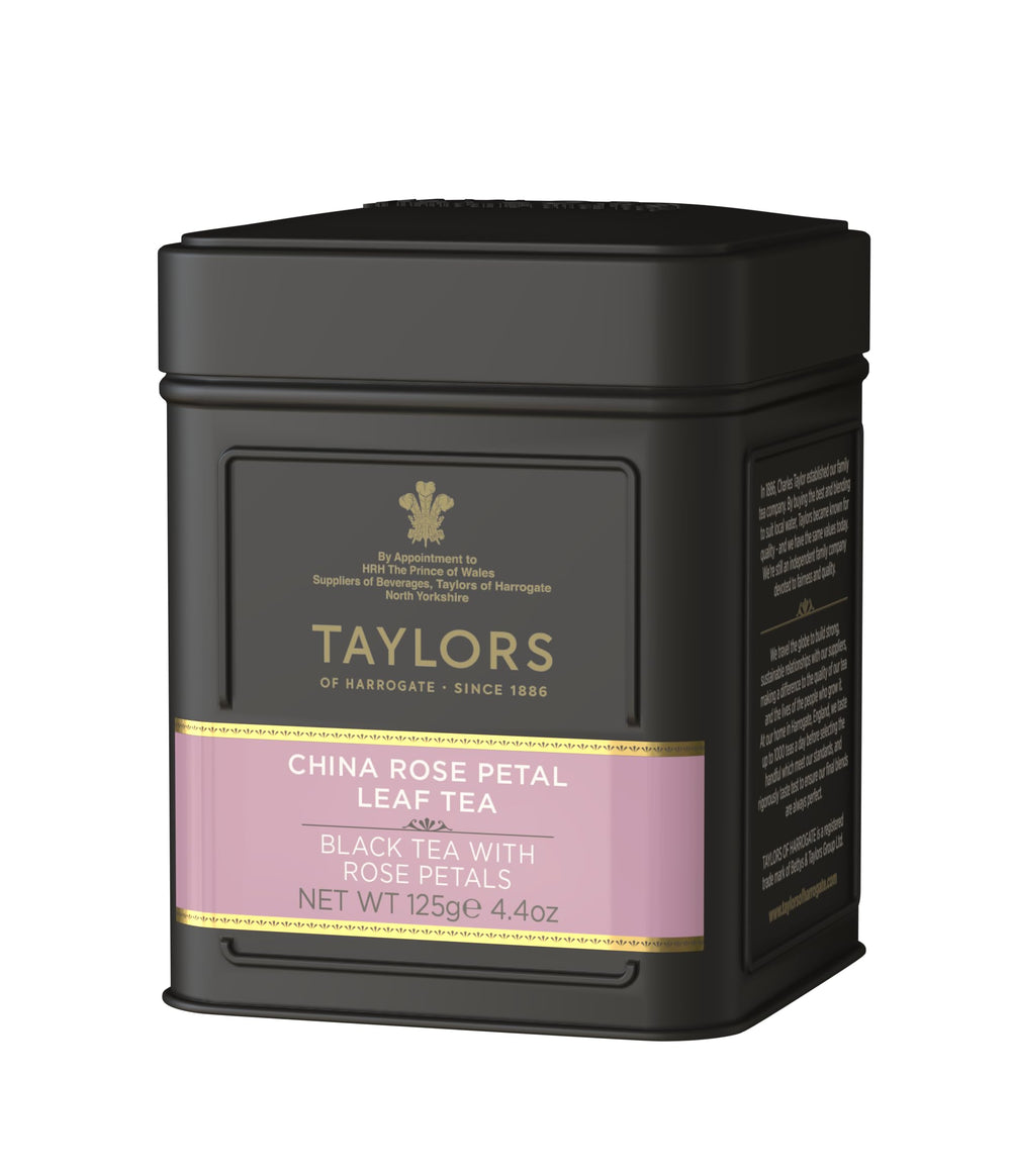 Taylors China Rose Petal loose-leaf tea close-up highlighting delicate petals.