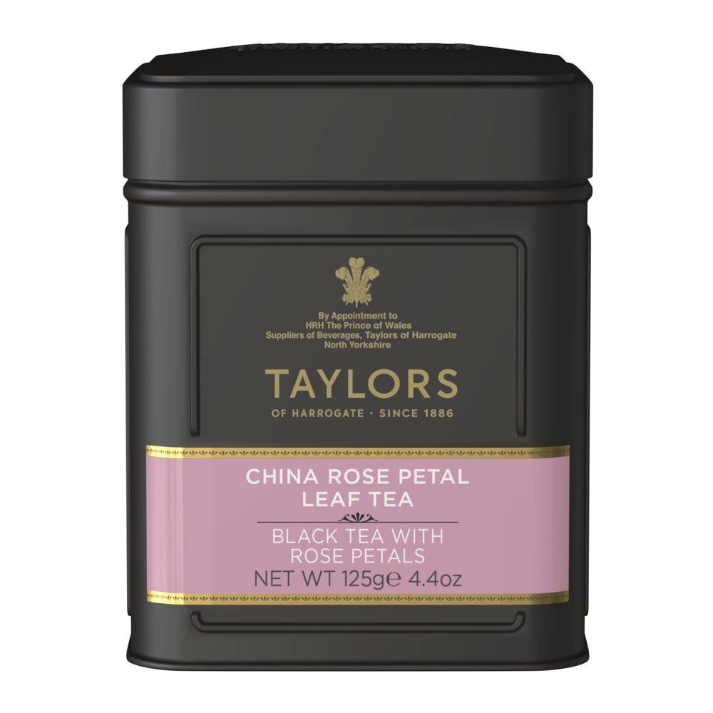 Taylors of Harrogate China Rose Petal tea tin caddy for elegant afternoon service.