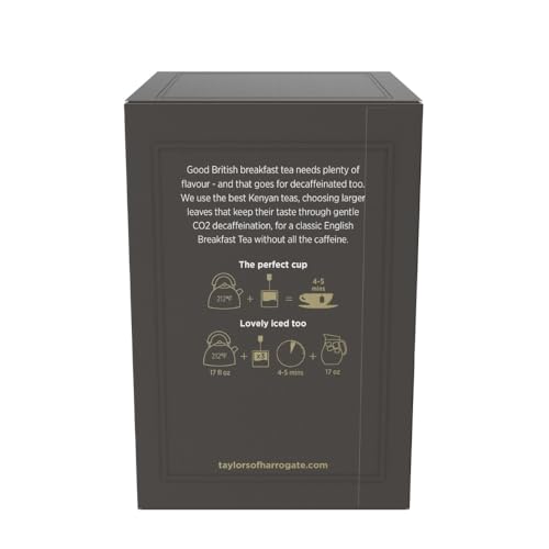 Brew a smooth cup of Taylors of Harrogate Decaffeinated Breakfast Tea.
