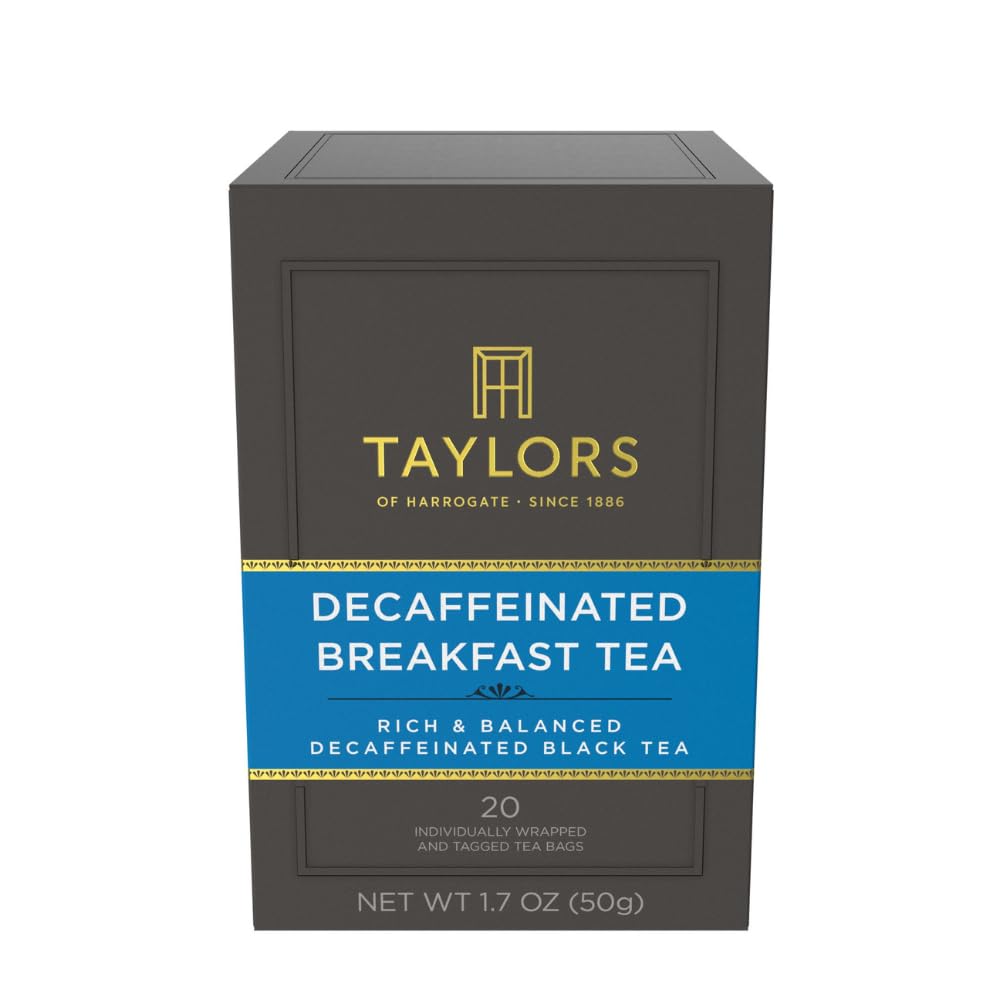 Taylors of Harrogate Decaffeinated Breakfast Tea packaging ready for daily use.