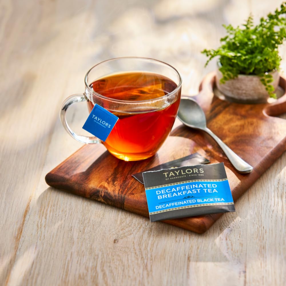 Sleek shelf display of Taylors of Harrogate Decaffeinated Breakfast Tea.