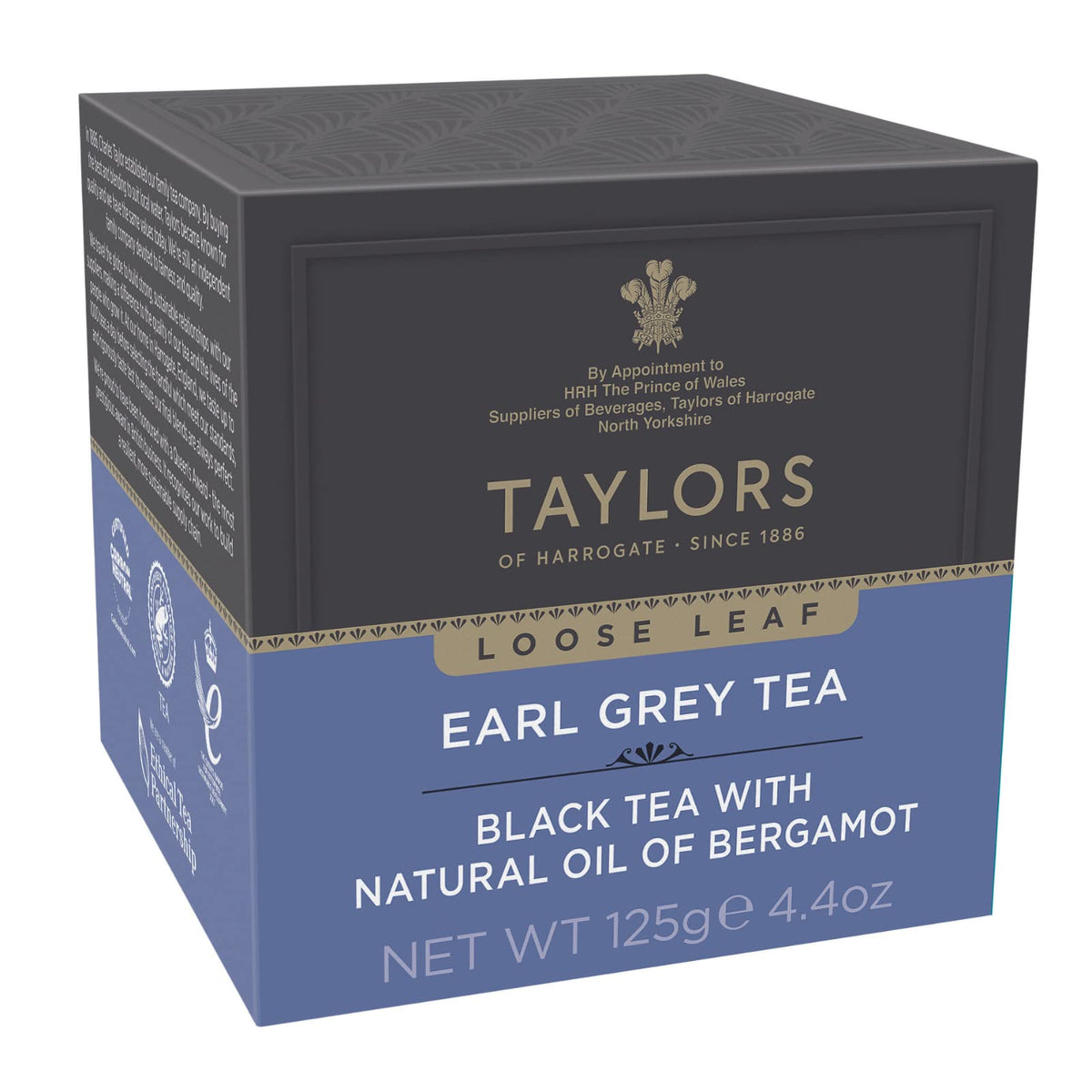 Taylors of Harrogate Earl Grey loose leaf tea in a tin, aromatic and refined.