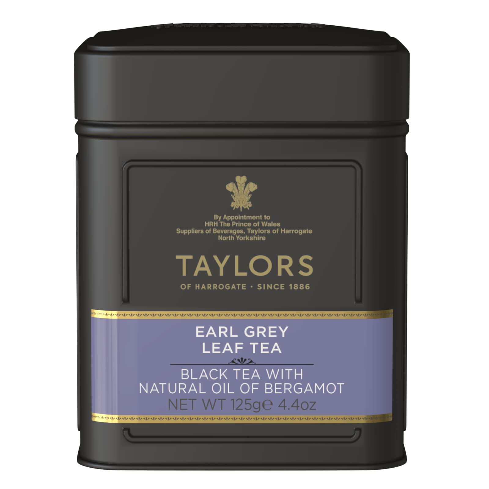 Taylors of Harrogate Earl Grey loose leaf tea in a stylish tin, rich aroma and smooth finish.