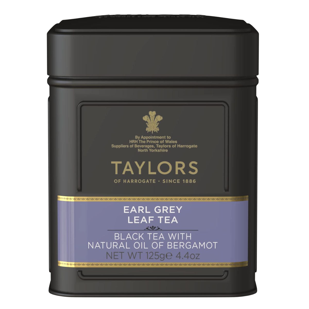 Taylors of Harrogate Earl Grey loose leaf tea in a stylish tin, rich aroma and smooth finish.