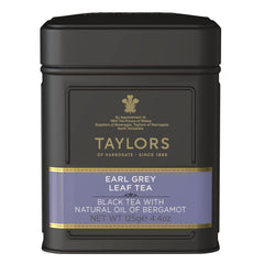 Taylors of Harrogate Earl Grey loose leaf tea in a stylish tin, rich aroma and smooth finish.