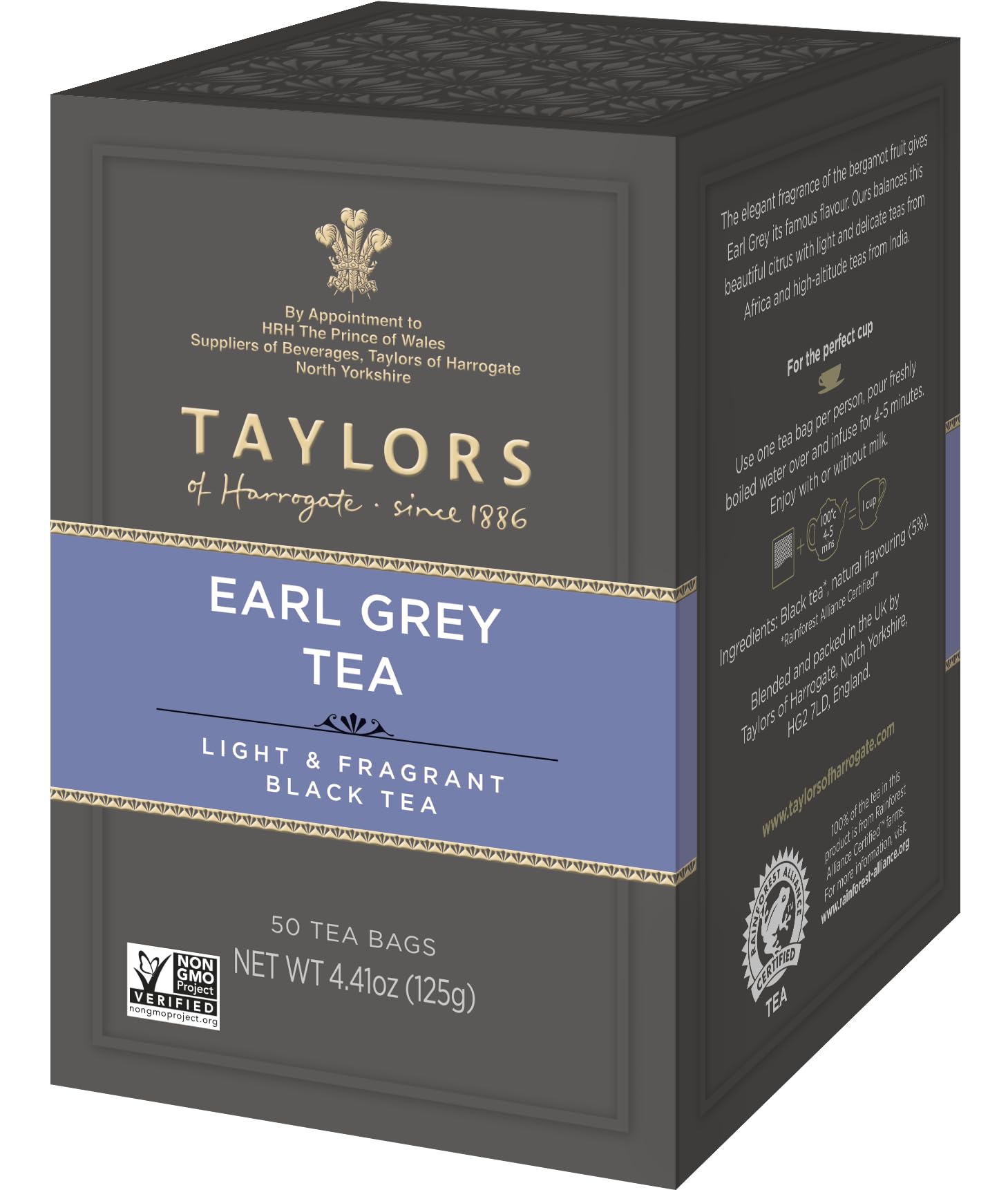 Taylors of Harrogate Earl Grey tea bags in a 50-count pack for easy daily brewing.