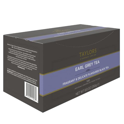 Taylors Harrogate Earl Grey tea bags individually wrapped to preserve freshness.