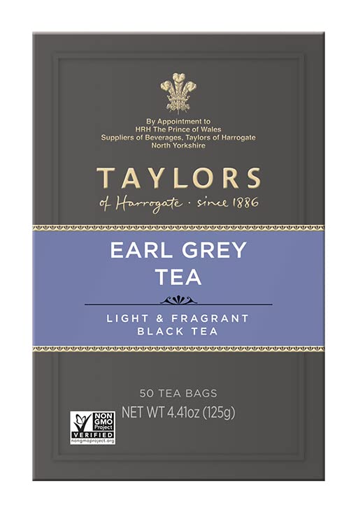Taylors of Harrogate Earl Grey tea cup, hot, highlighting fragrant bergamot aroma.