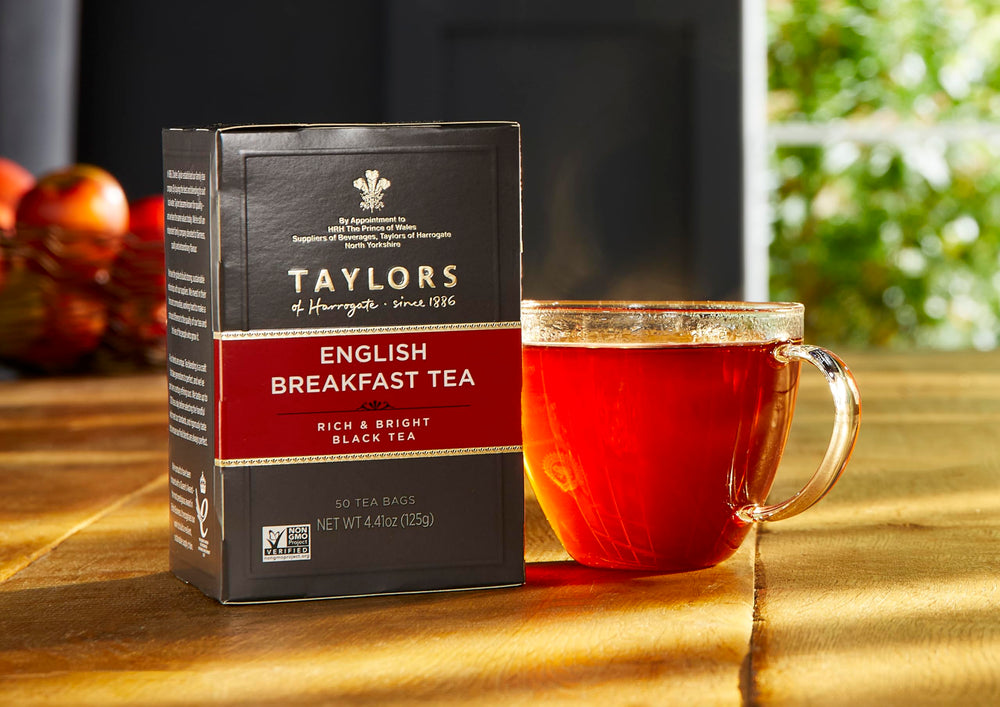 Taylors of Harrogate English Breakfast iced serving showcases versatile hot or cold enjoyment.