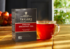 Taylors of Harrogate English Breakfast iced serving showcases versatile hot or cold enjoyment.