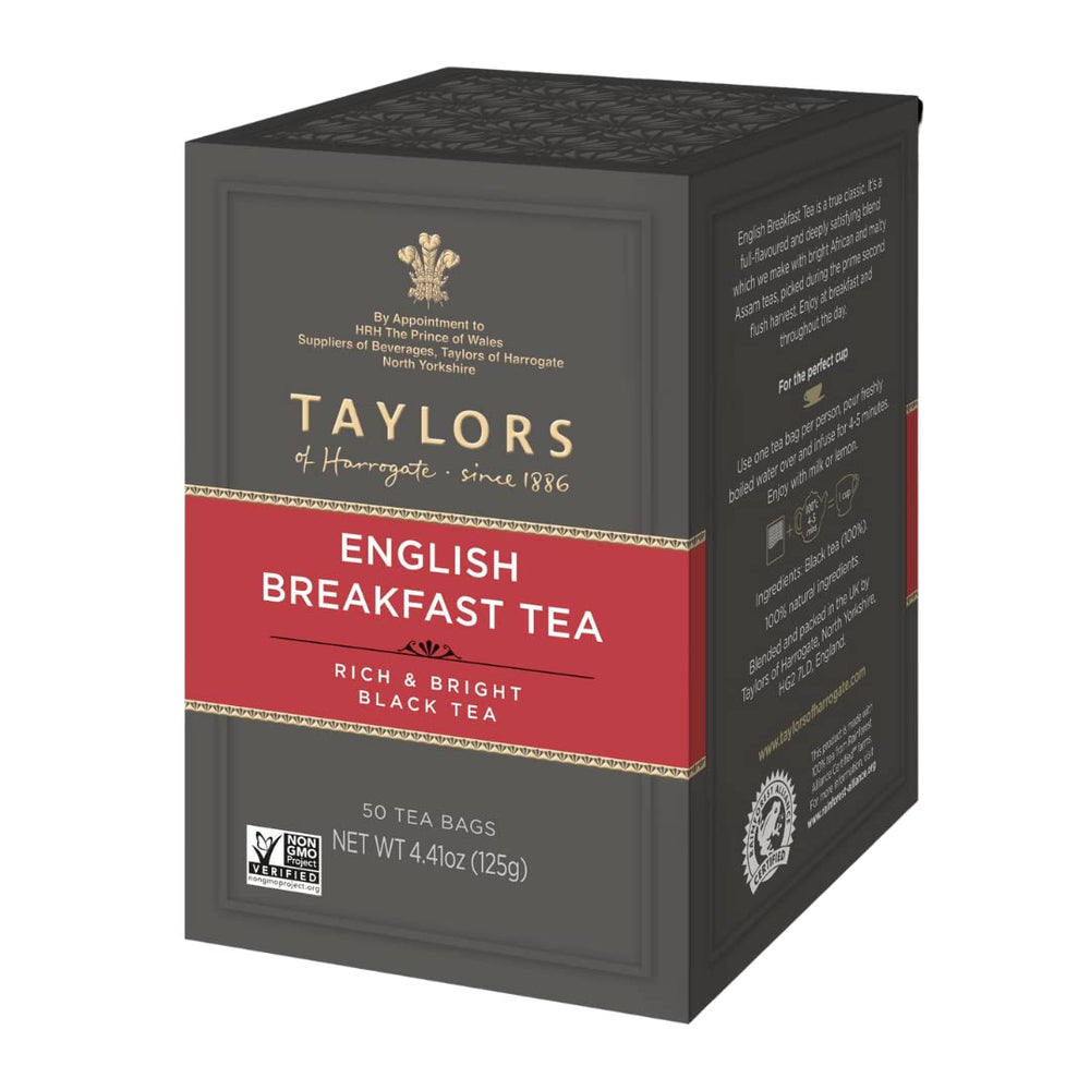 Taylors of Harrogate English Breakfast pack shot shows convenient pillow tea bags for everyday tea.