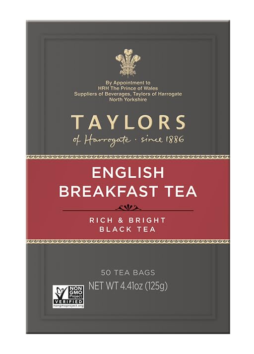 Taylors of Harrogate English Breakfast tea bags closeup emphasizes aroma and malty profile.
