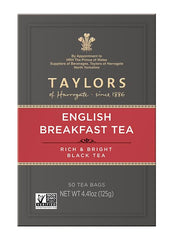 Taylors of Harrogate English Breakfast tea bags closeup emphasizes aroma and malty profile.