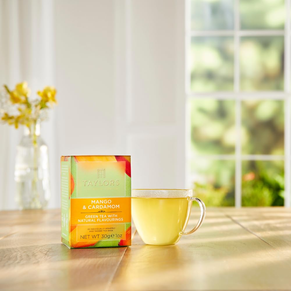 Taylors of Harrogate iced mango cardamom tea over ice for refreshing summer thirst-quencher.
