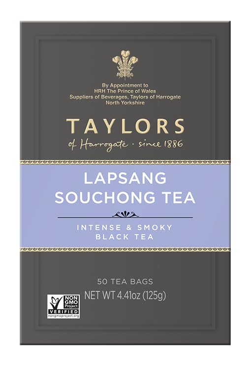 Packaging box of Taylors of Harrogate Lapsang Souchong signals premium black tea