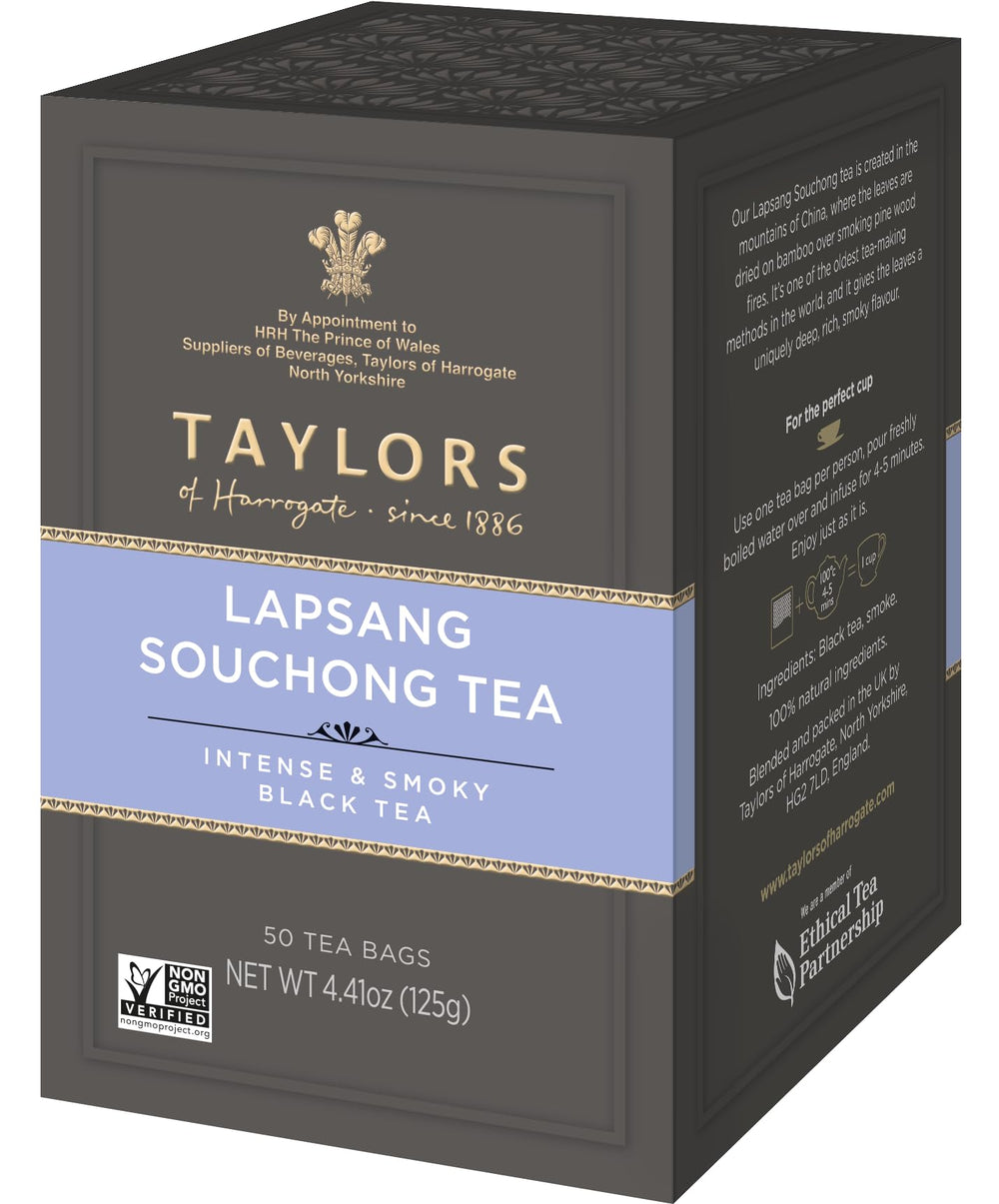 Taylors of Harrogate Lapsang Souchong pillow tea bags ready for a smoky brew