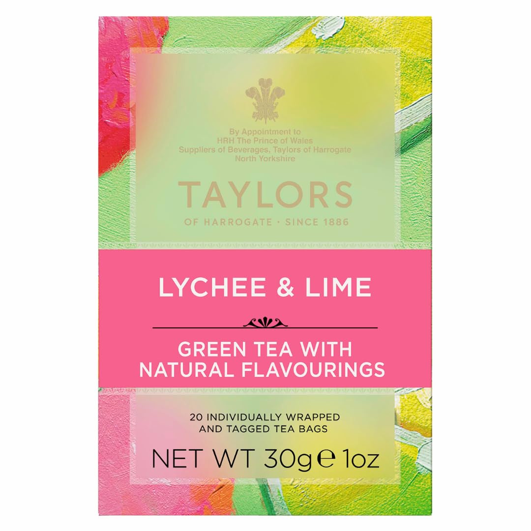Taylors of Harrogate Lychee & Lime green tea cup steaming hot delivers zesty notes.