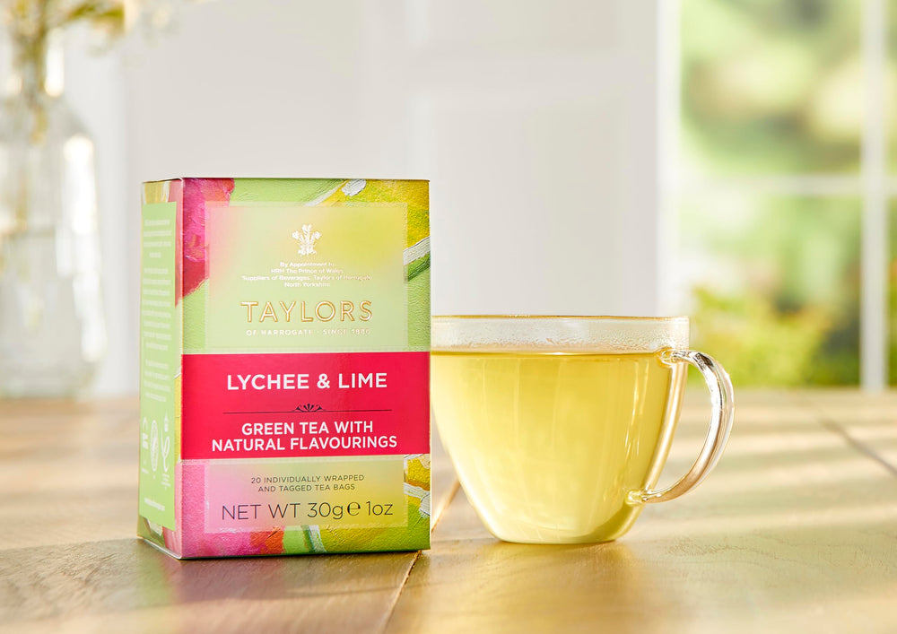 Taylors of Harrogate Lychee & Lime green tea iced glass refreshing and bright.