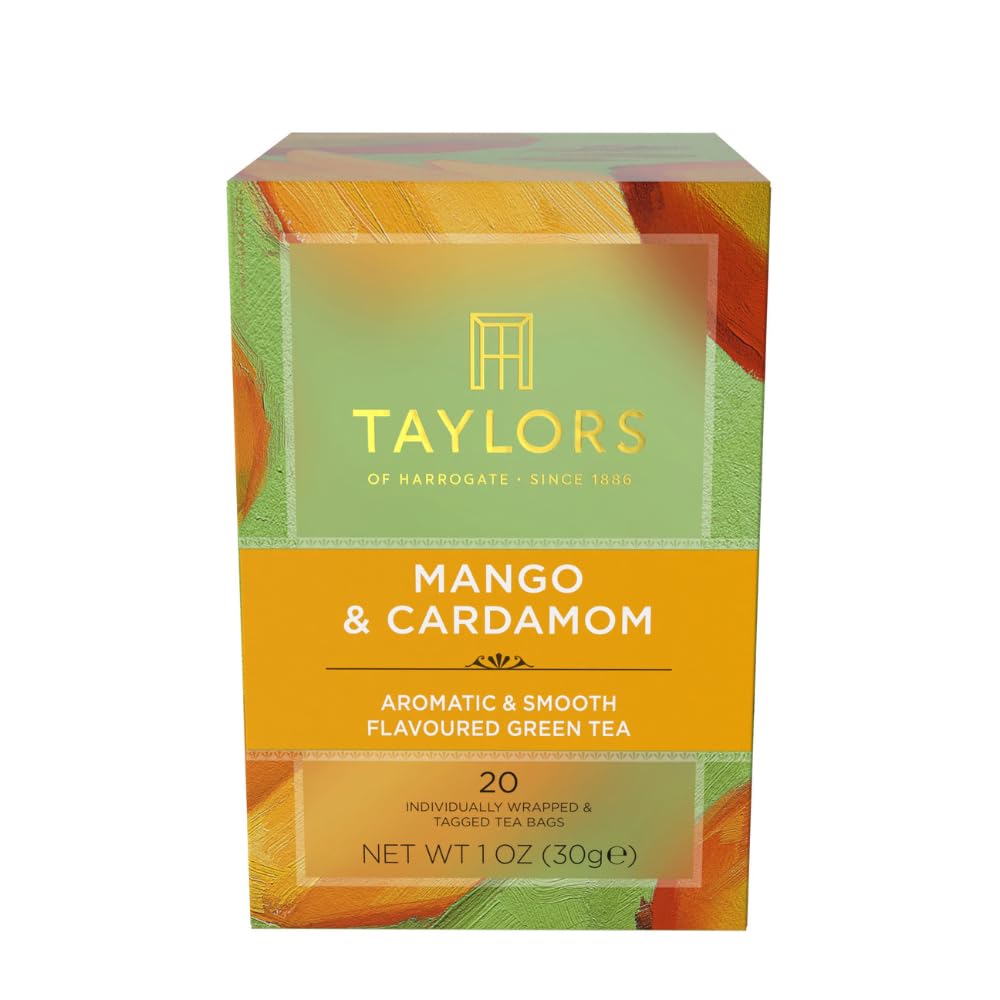 Taylors of Harrogate Mango & Cardamom green tea bags for a refreshing afternoon pick-me-up.