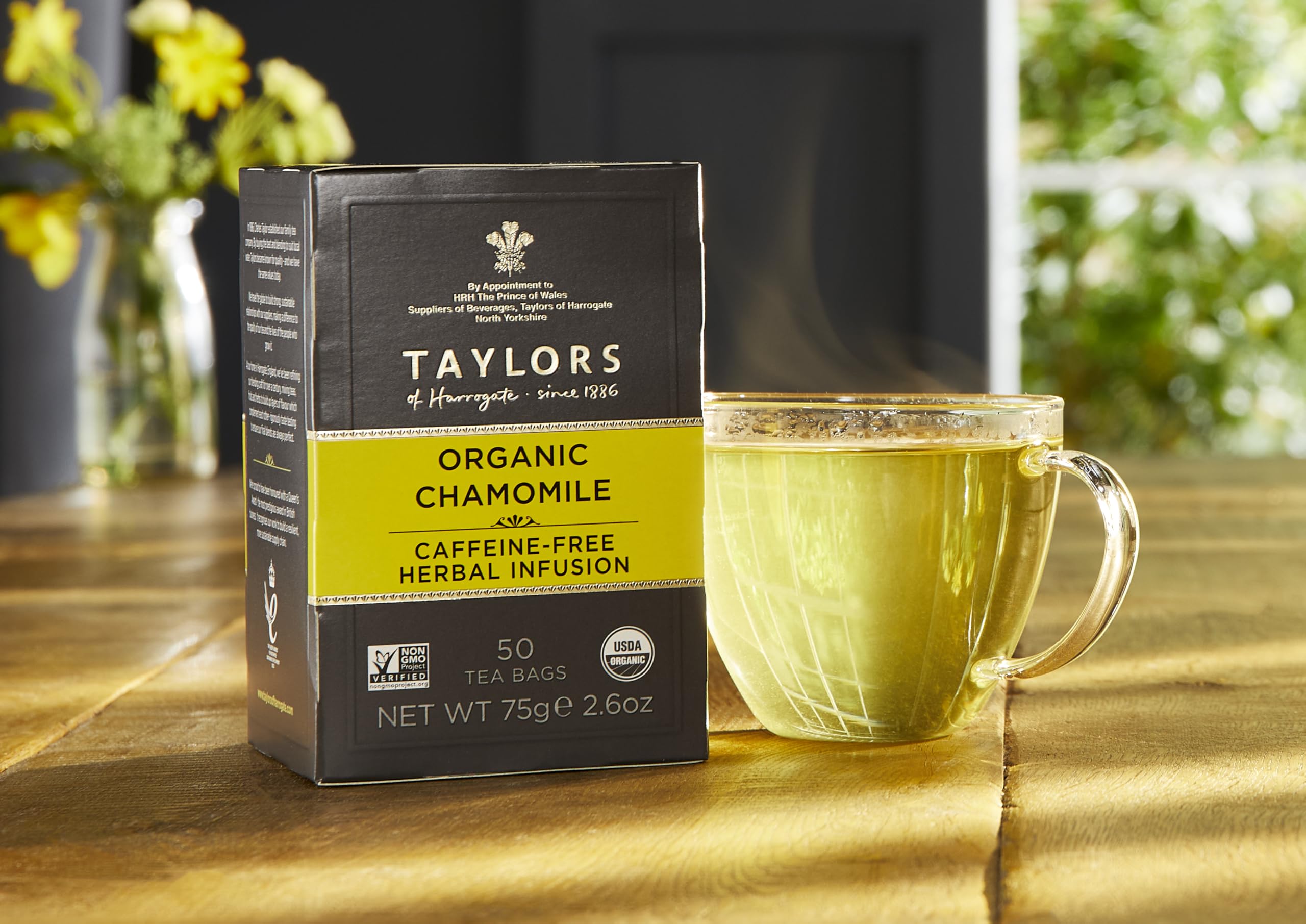 Taylors of Harrogate chamomile tea bags close-up, pure organic flavor for a peaceful nightcap.