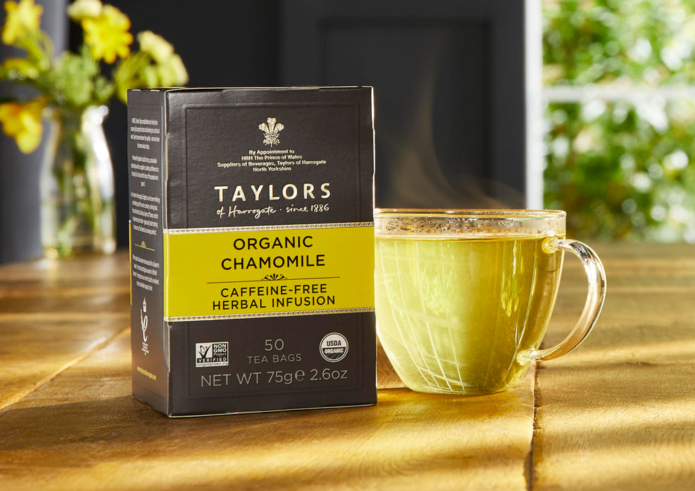 Taylors of Harrogate chamomile tea bags close-up, pure organic flavor for a peaceful nightcap.