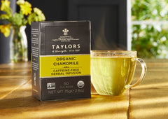 Taylors of Harrogate chamomile tea bags close-up, pure organic flavor for a peaceful nightcap.