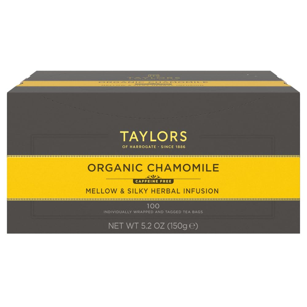 Taylors of Harrogate organic chamomile tea bags, individually wrapped, for a calming caffeine-free cup.