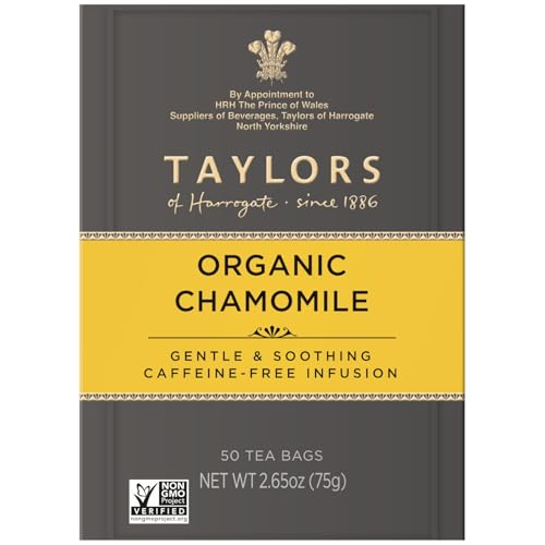 Taylors of Harrogate chamomile tea in a cup, caffeine-free comfort for hot or iced enjoyment.