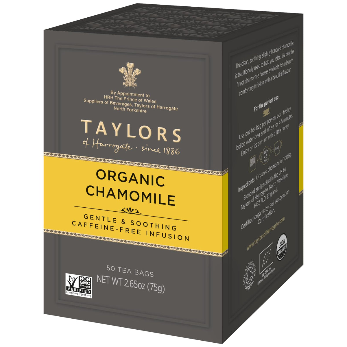 Taylors of Harrogate organic chamomile pillow bags pack shot, soothing aroma for a calming evening ritual.