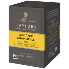Taylors of Harrogate organic chamomile pillow bags pack shot, soothing aroma for a calming evening ritual.