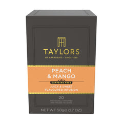 Taylors of Harrogate Peach & Mango tea in cup, fragrant infusion ideal for afternoon refreshment