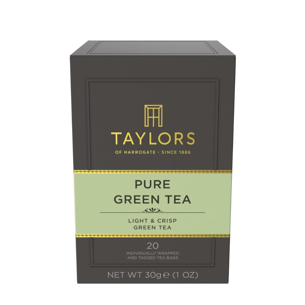 Taylors of Harrogate Pure Green Tea bag close-up showing delicate aroma.