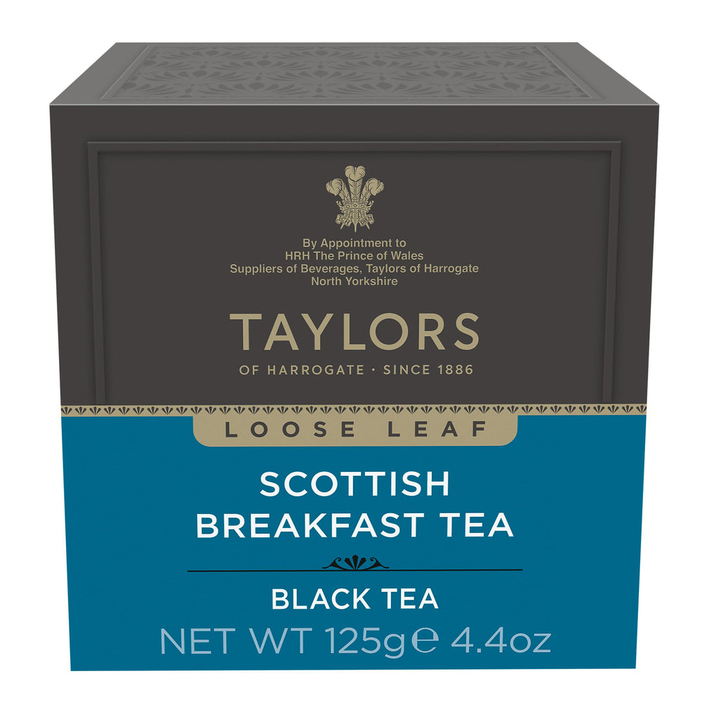 Taylors of Harrogate Scottish Breakfast gold-tipped leaves highlight quality and robust, wake-up flavor