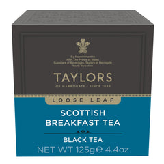 Taylors of Harrogate Scottish Breakfast gold-tipped leaves highlight quality and robust, wake-up flavor