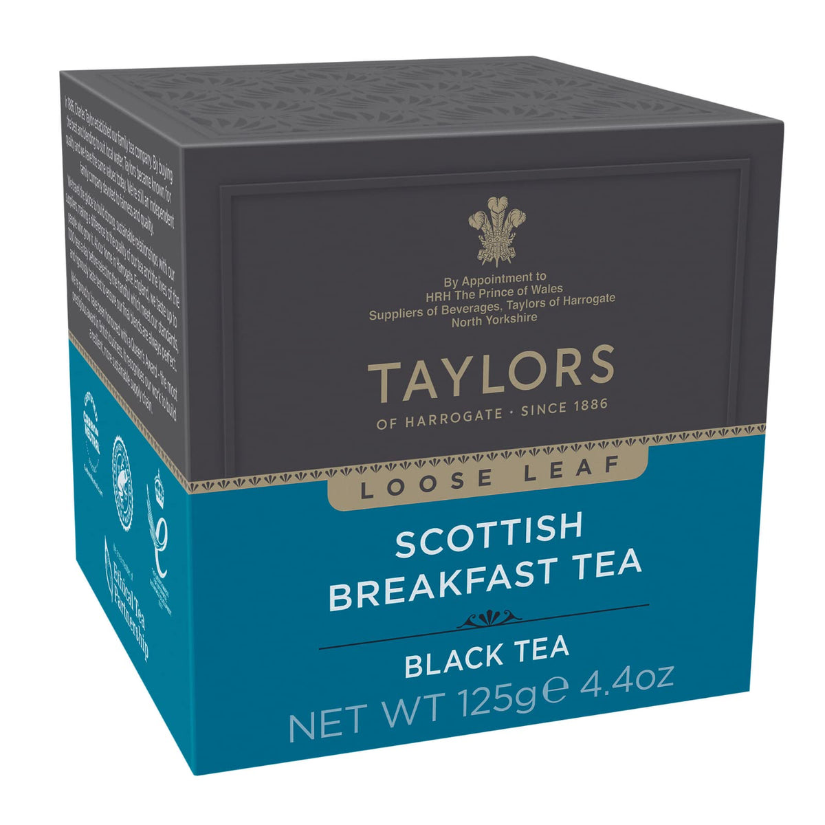 Taylors of Harrogate Scottish Breakfast loose leaf tea pack showing premium packaging and a bold morning flavor
