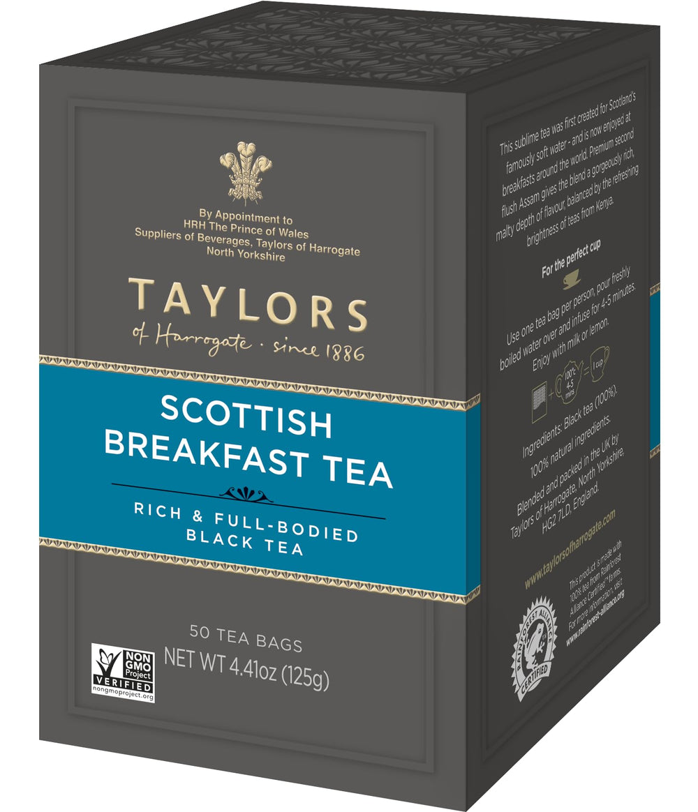 Taylors of Harrogate Scottish Breakfast tea bags for a bold morning brew.
