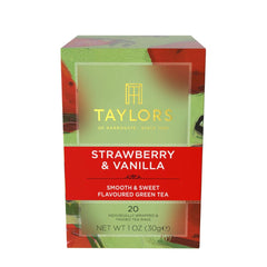 Taylors of Harrogate strawberry-vanilla green tea bags ready to brew for a fragrant hot or iced cup.