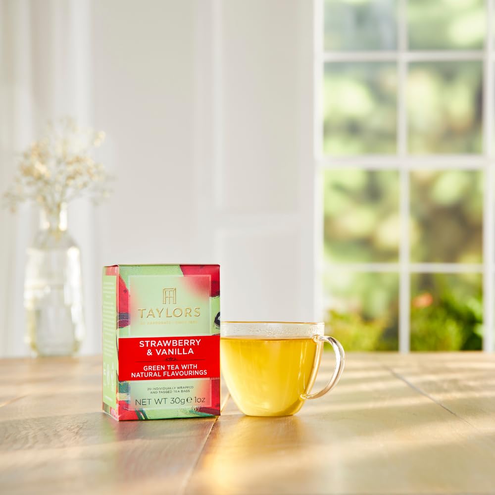 Taylors of Harrogate brewing guide for a balanced cup of strawberry-vanilla green tea.