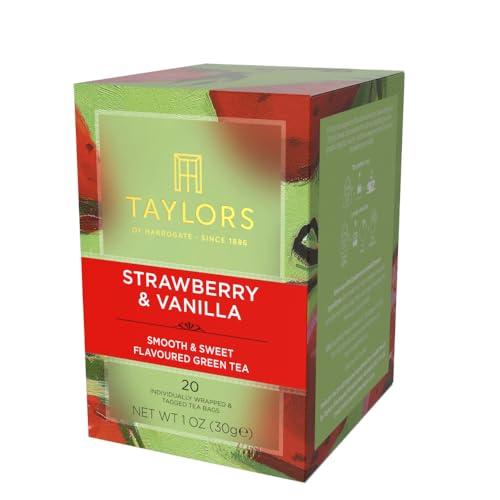 Taylors of Harrogate green tea with strawberry-vanilla, perfect for a refreshing afternoon cup.