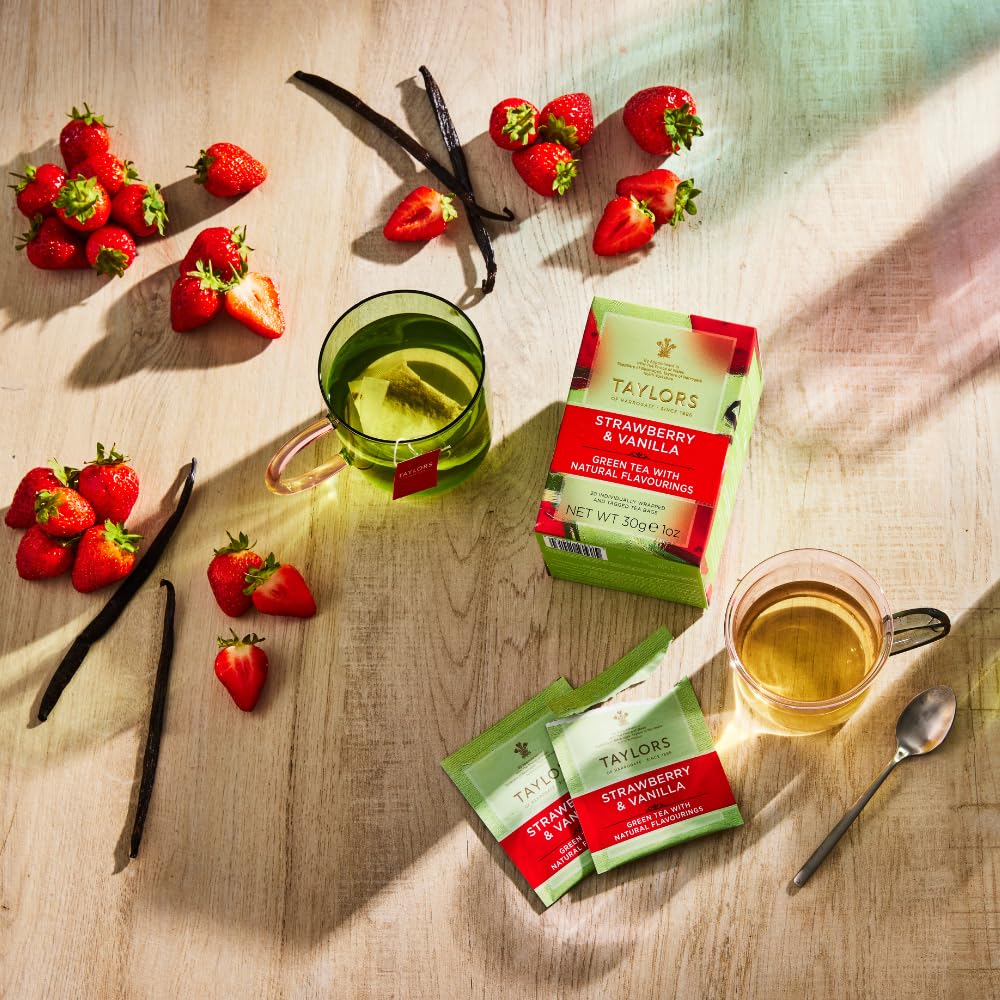 Taylors of Harrogate hot or iced strawberry-vanilla green tea ready to enjoy any time.