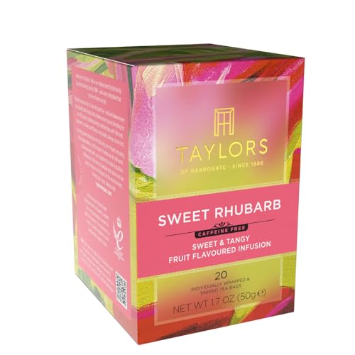 Brewing Taylors of Harrogate Sweet Rhubarb tea in a hot cup for a tangy infusion.