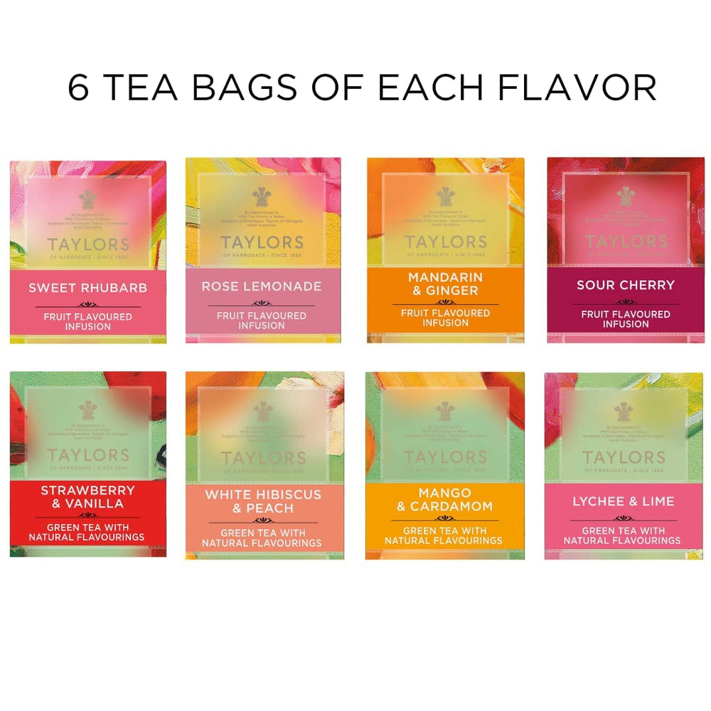 Taylors of Harrogate individually wrapped tea bags with tags maintain freshness at home or office.