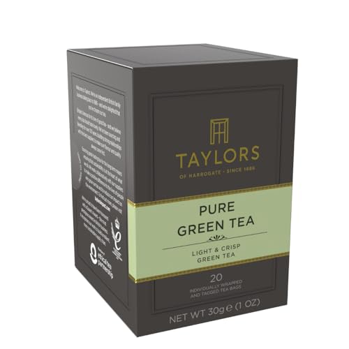 Display of 20 individually wrapped Taylors green tea bags.