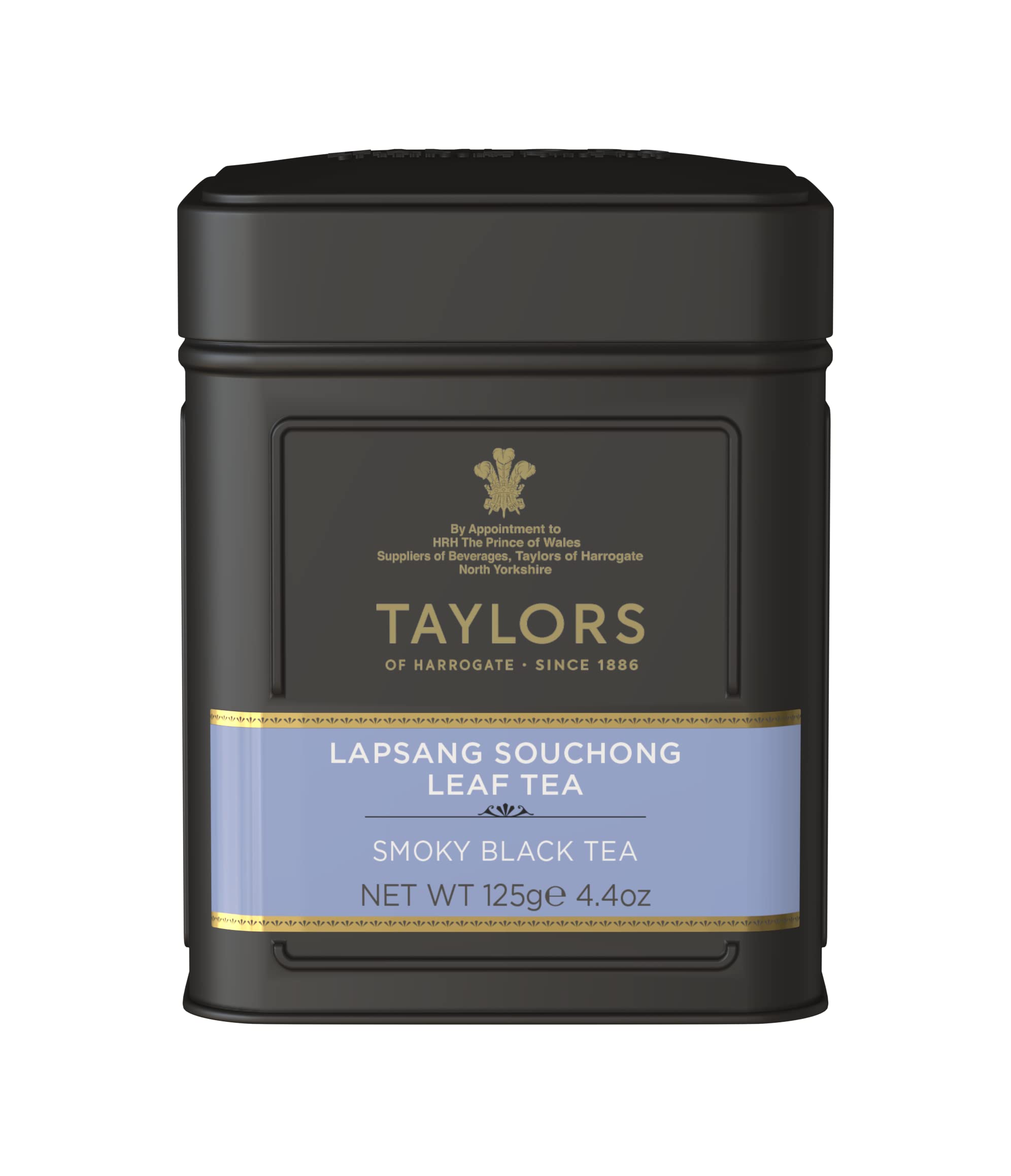 Taylors Lapsang Souchong loose-leaf tea in tin, rich smoky aroma