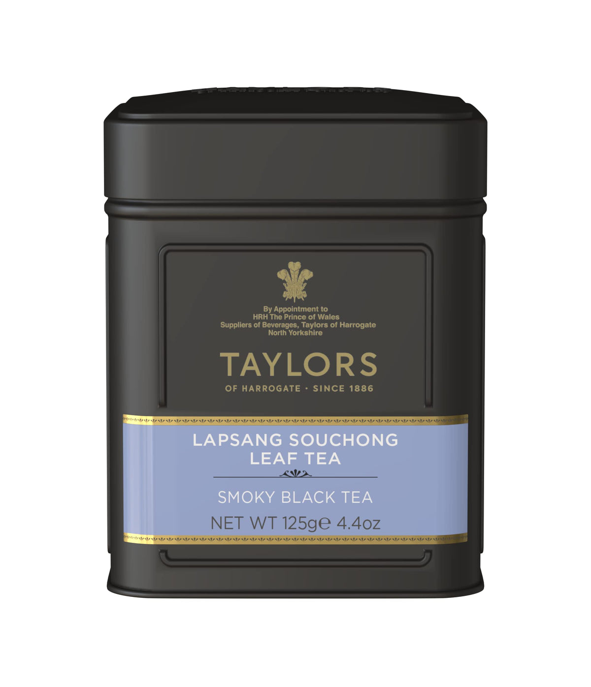 Taylors Lapsang Souchong loose-leaf tea in tin, rich smoky aroma