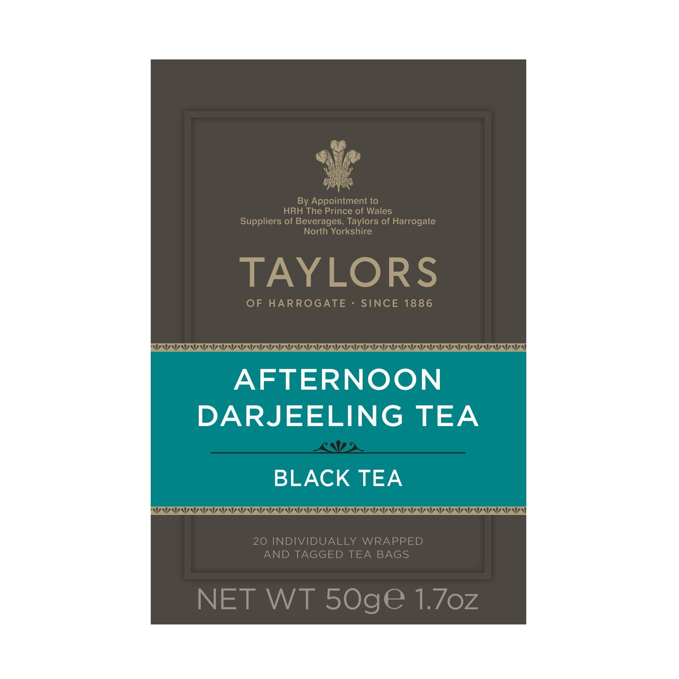 Taylors of Harrogate Afternoon Darjeeling tea bag, fragrant and convenient for a quick steep.