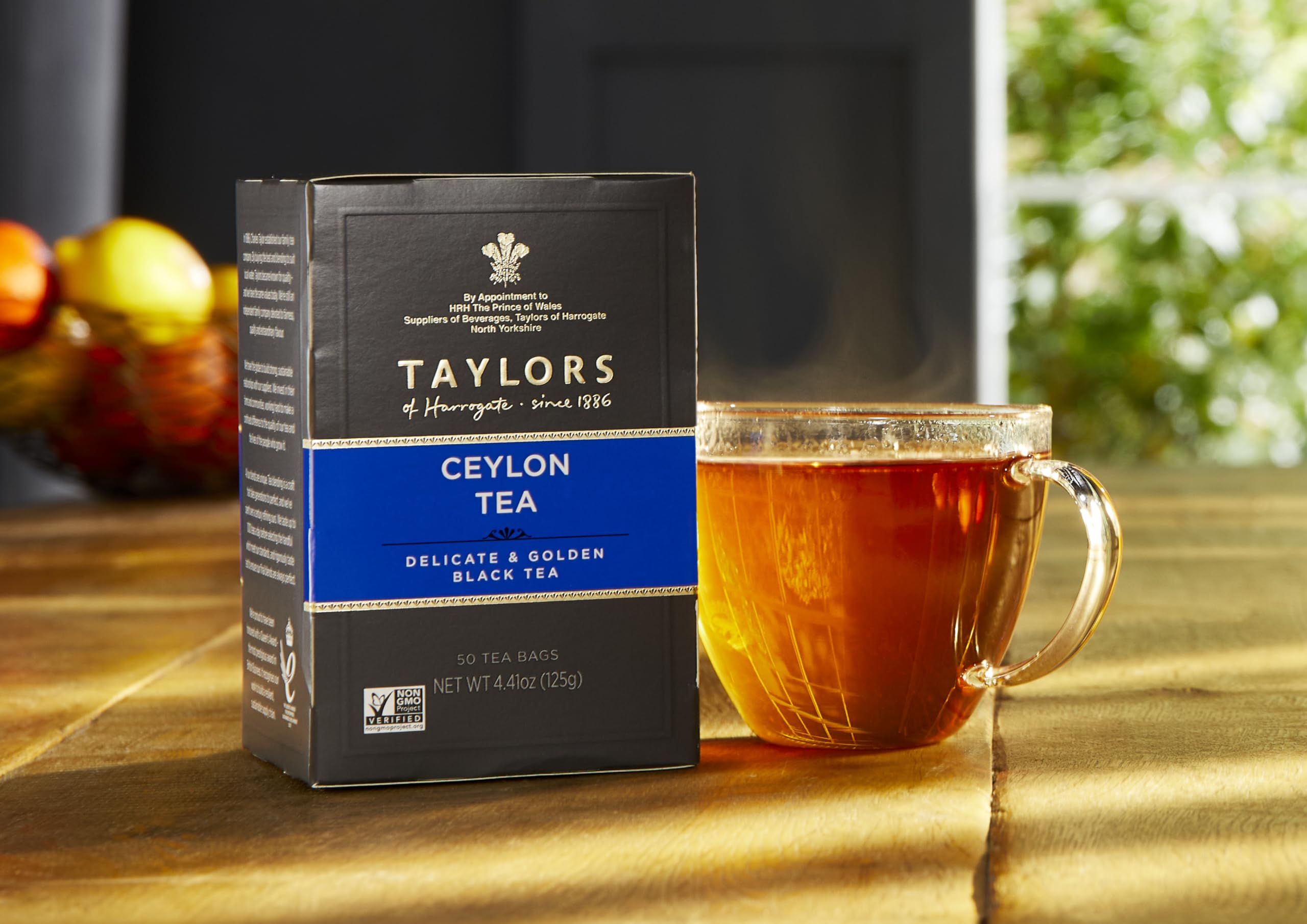 Brewed Taylors of Harrogate Pure Ceylon cup showing golden hue.
