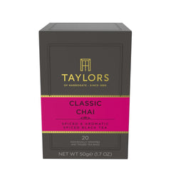 Taylors of Harrogate classic chai tea bags in a box for easy brewing.