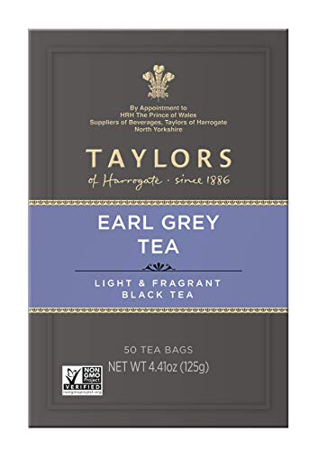Taylors of Harrogate Earl Grey tea bags close-up, convenient 50-count for everyday brewing.